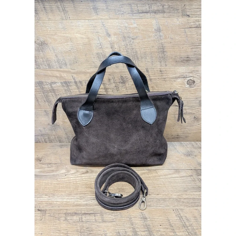 Brown Suede Leather Satchel Bag Top Handle with Detachable Strap‎